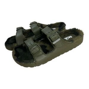 MIA Sandals Womens 8M Slip On Slides Green Casual Open Toe Buckle Strap Faux Fur